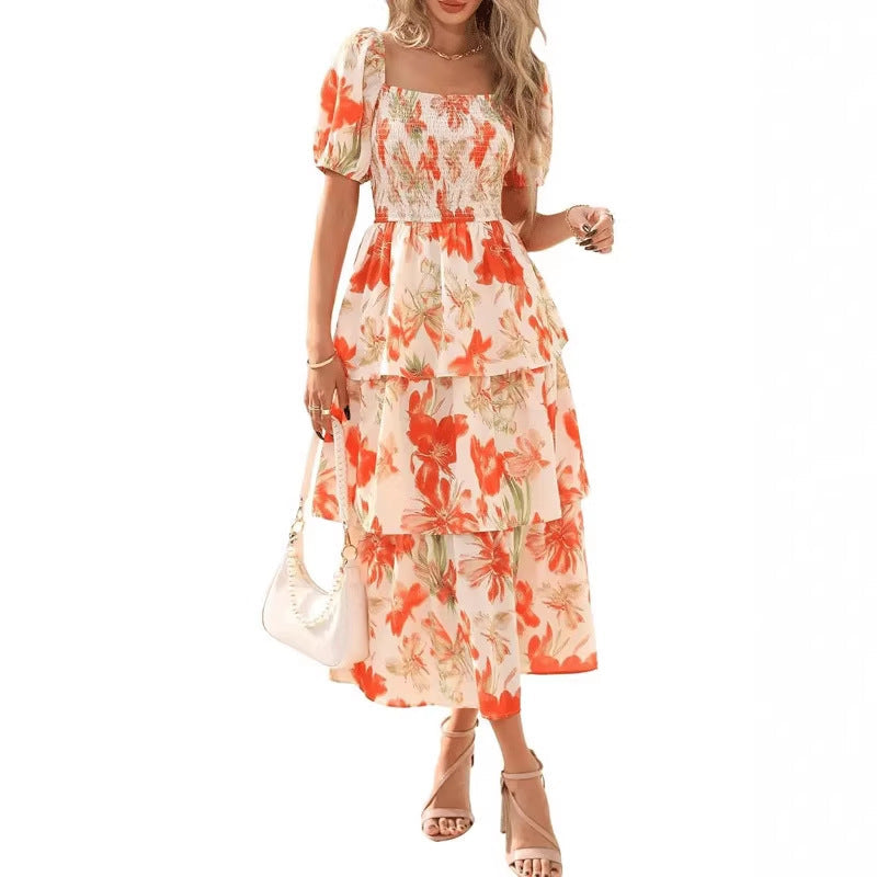 Dame blomstrete chiffon maxikjole med lag – kortermet med firkantet hals