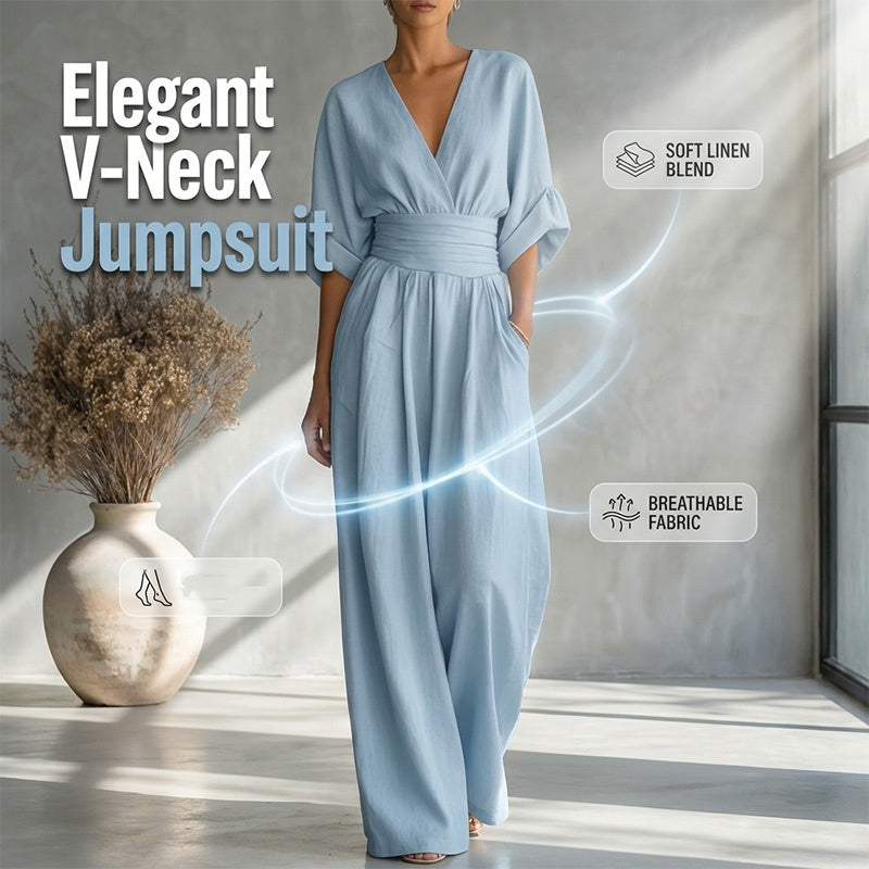 👗✨Uanstrengt eleganse – Jumpsuit for damer med V-hals, høy midje og vid ben💫