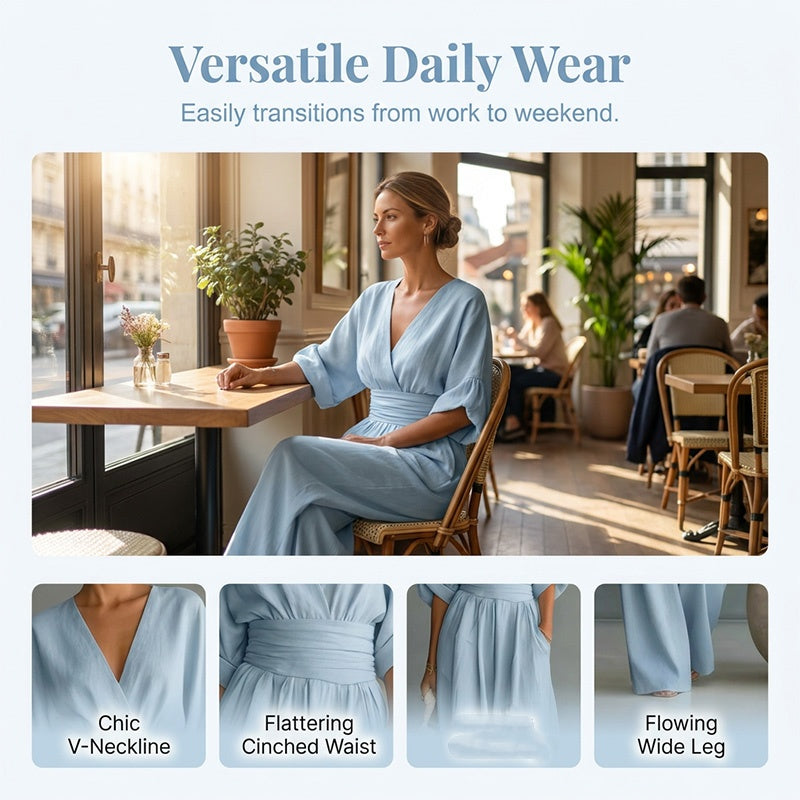 👗✨Uanstrengt eleganse – Jumpsuit for damer med V-hals, høy midje og vid ben💫