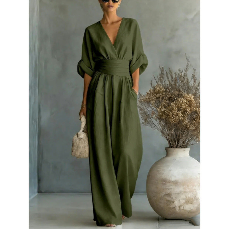 👗✨Uanstrengt eleganse – Jumpsuit for damer med V-hals, høy midje og vid ben💫