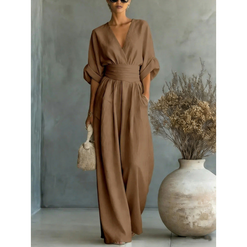 👗✨Uanstrengt eleganse – Jumpsuit for damer med V-hals, høy midje og vid ben💫