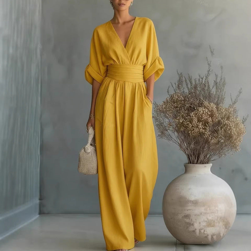 👗✨Uanstrengt eleganse – Jumpsuit for damer med V-hals, høy midje og vid ben💫