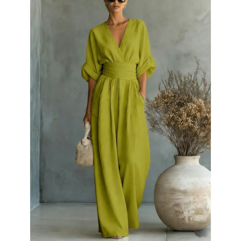 👗✨Uanstrengt eleganse – Jumpsuit for damer med V-hals, høy midje og vid ben💫