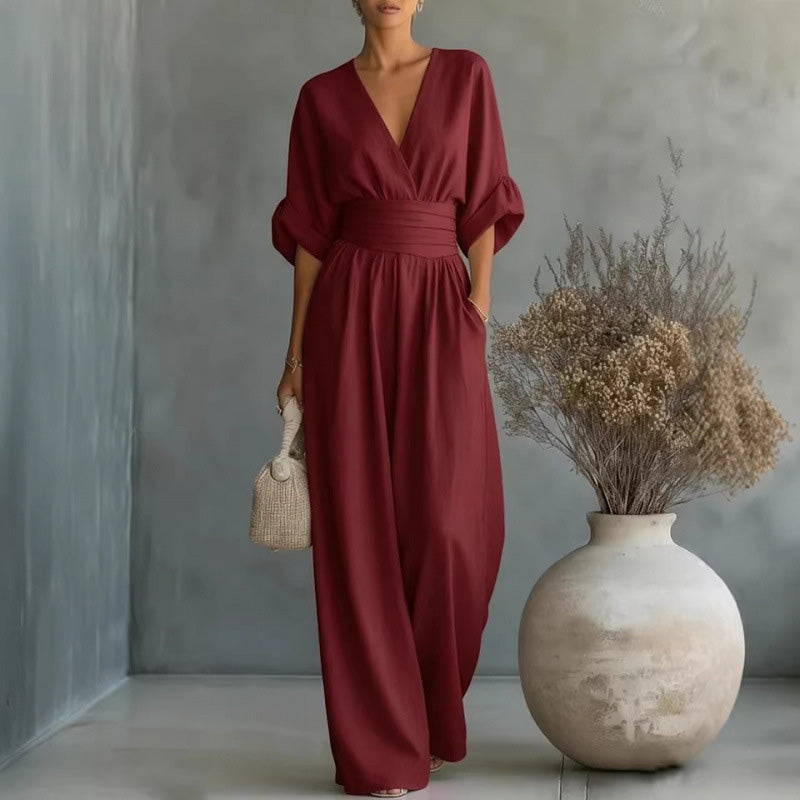 👗✨Uanstrengt eleganse – Jumpsuit for damer med V-hals, høy midje og vid ben💫