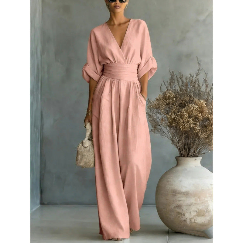 👗✨Uanstrengt eleganse – Jumpsuit for damer med V-hals, høy midje og vid ben💫
