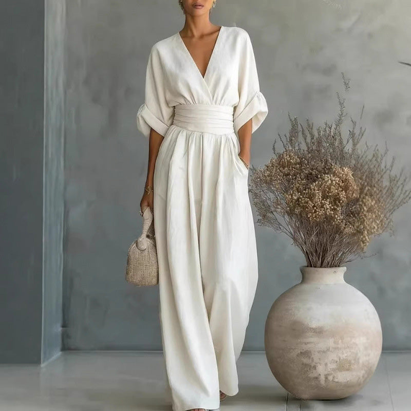 👗✨Uanstrengt eleganse – Jumpsuit for damer med V-hals, høy midje og vid ben💫