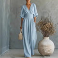 👗✨Uanstrengt eleganse – Jumpsuit for damer med V-hals, høy midje og vid ben💫