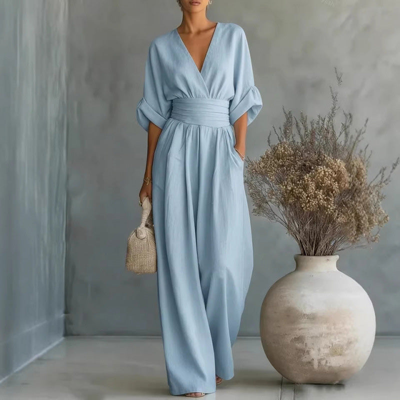 👗✨Uanstrengt eleganse – Jumpsuit for damer med V-hals, høy midje og vid ben💫