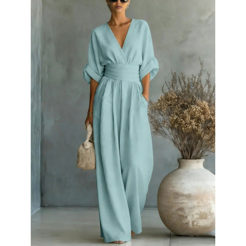 👗✨Uanstrengt eleganse – Jumpsuit for damer med V-hals, høy midje og vid ben💫
