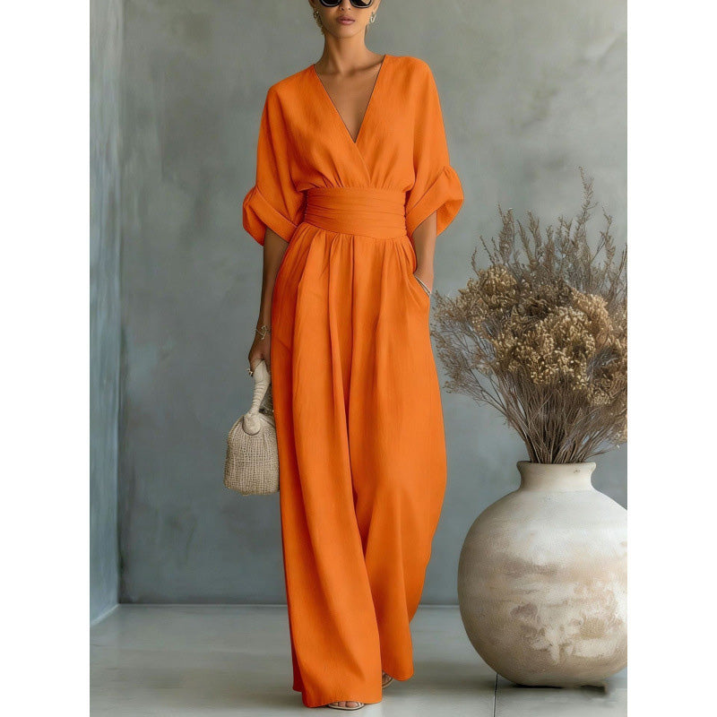 👗✨Uanstrengt eleganse – Jumpsuit for damer med V-hals, høy midje og vid ben💫
