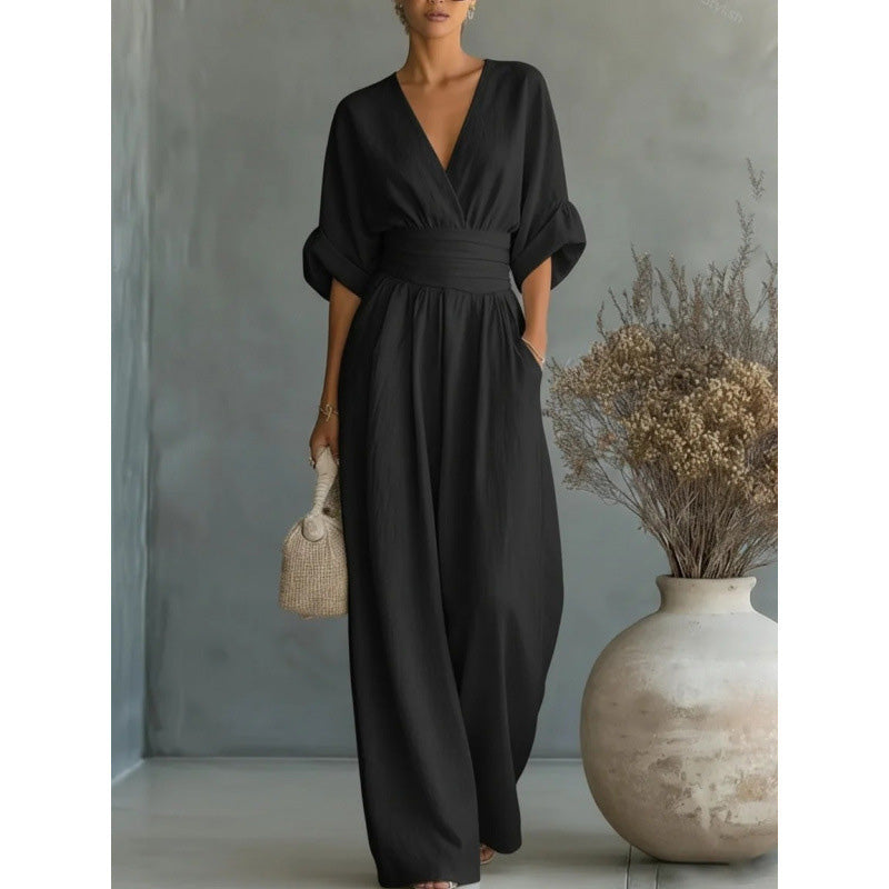 👗✨Uanstrengt eleganse – Jumpsuit for damer med V-hals, høy midje og vid ben💫